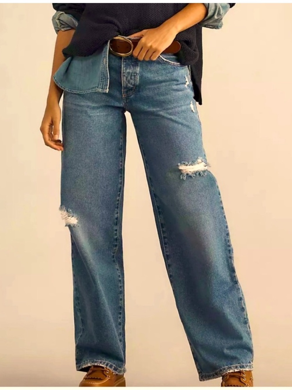 Outland Mid Rise Classic Blue Distressed Women's Jeans